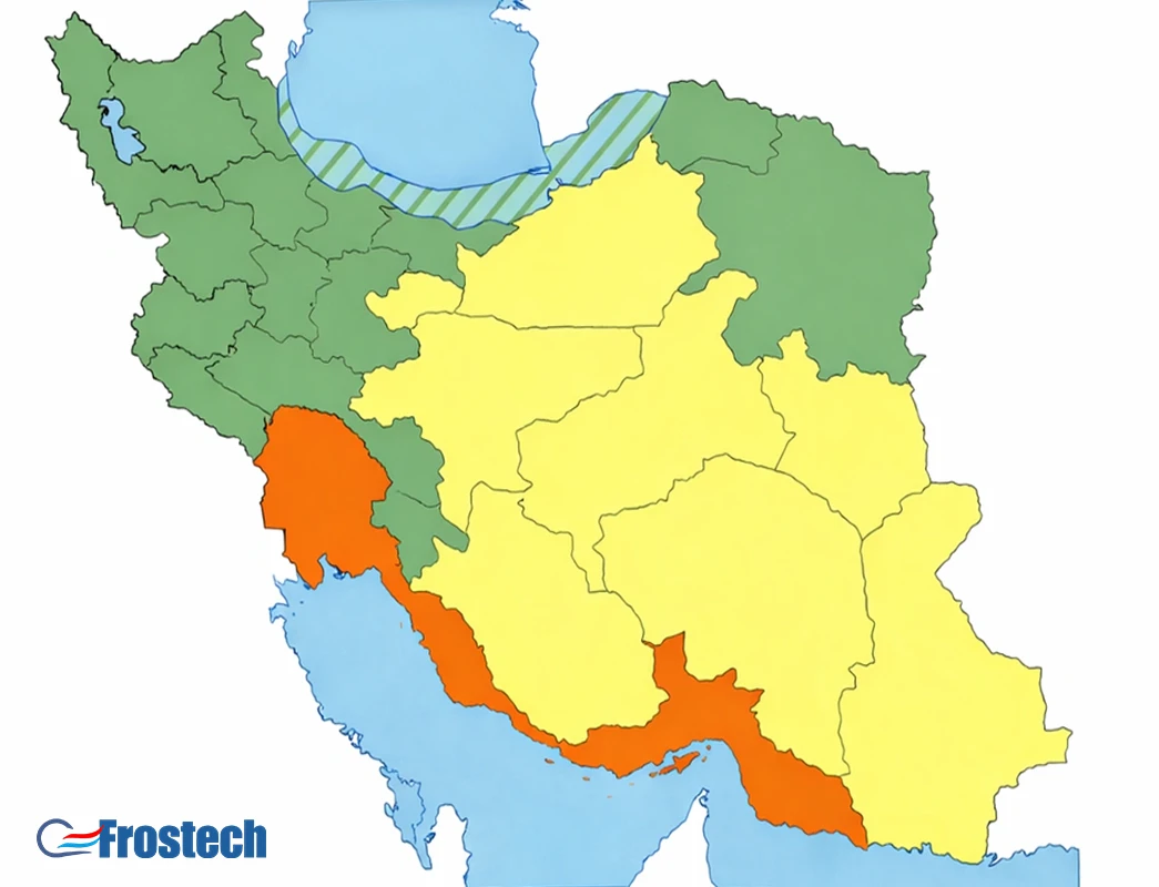 نقشه اقلیمی ایران که قسمت های سبز مکان های سرد، قسمت های هاشور خورده مناظق معتدل و مرظوب و قسمت های زرد مناظق گرم و خشک و و مناظق نارنجی مناظق گرم و مرطوب را نشان می دهد.