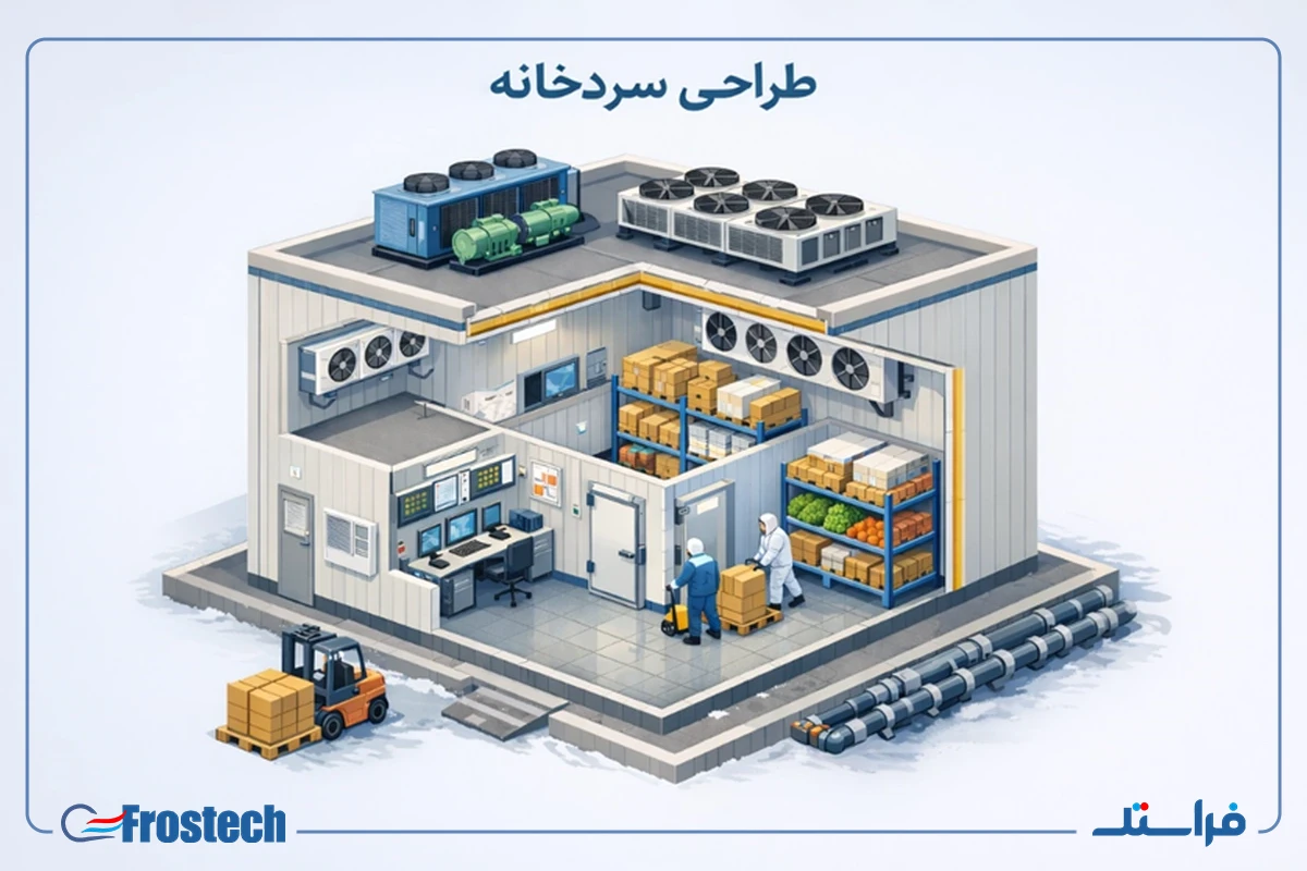 نمای شماتیک از طراحی سردخانه صنعتی شامل سالن نگهداری، اتاق کنترل، تجهیزات برودتی روی سقف و سیستم لوله‌کشی
